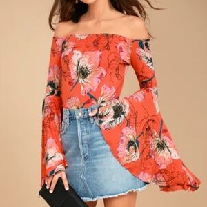 Free People Off The Shoulder Bell Sleeve Flower Orange Top Sz Small